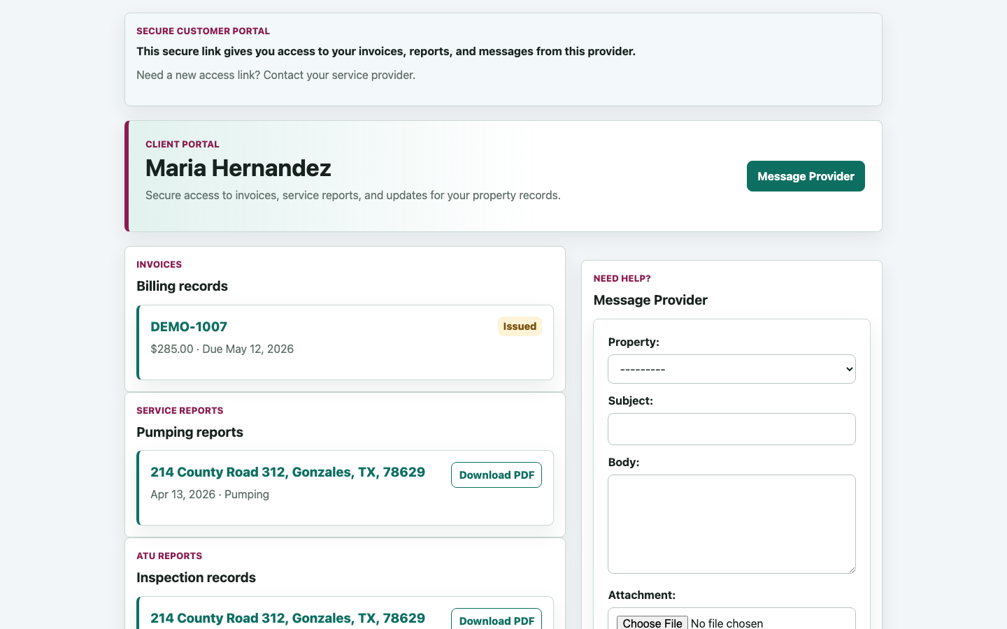 SepticLedger secure customer portal showing invoices, service reports, ATU reports, and messages