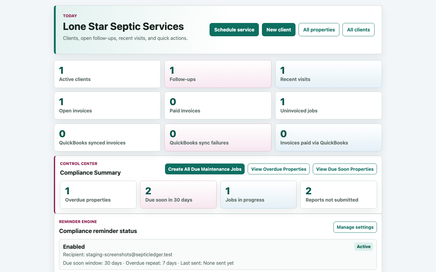 SepticLedger dashboard showing reminders, due soon work, overdue items, and compliance groups